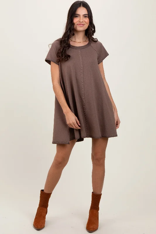 Casual Clothing For Women Brown French Terry Basic Short Sleeve Mini Dress