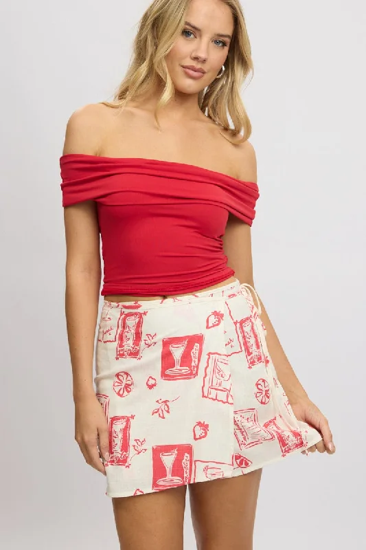 Women's Seasonal Garments White Abstract Wrap Skirt High Rise Mini Linen Blend