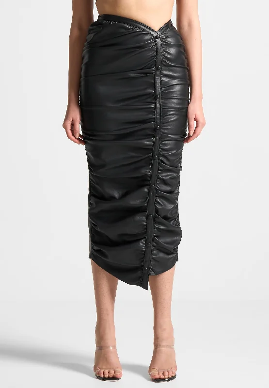 Women's Effortless Casual Outfit Leather Ruched Midaxi Skirt - Black