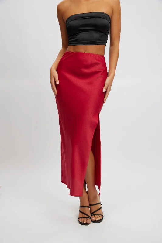 Women's Evening Attire Red Slip Skirt High Waist Front Split Midaxi Satin