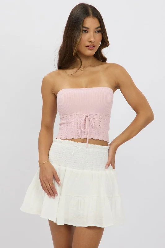 Outfits Ideas White Mini Skort Skirt Shirred Waist Cotton Textured Lined