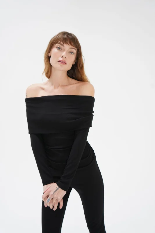 Women's Elegant Formal Outfit Liya Ribbed Fold Over Top - Black