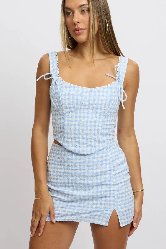 Minimalist Women's Fashion Clothing Blue Check Mini Skirt High Rise Split
