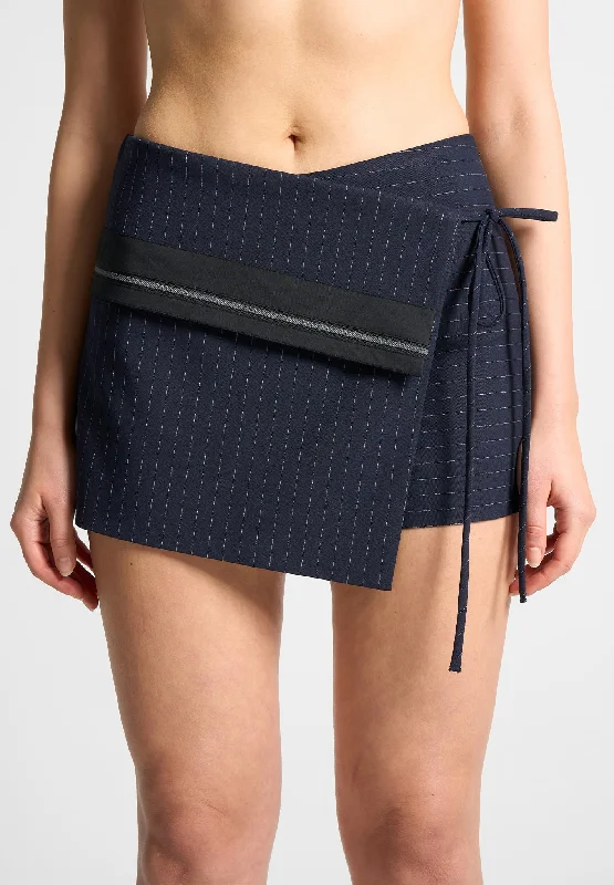 Women's Everyday Garments Pinstripe Tailored Mini Skort with Tie - Navy