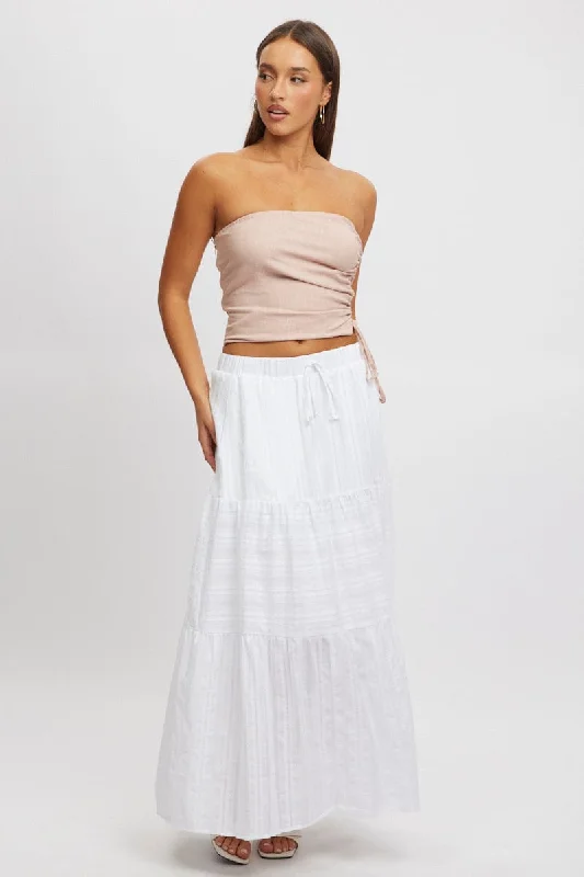 Charming Women's Outfit For Special Occasions White Tiered Maxi Skirt High Rise Elastic Waist Lined