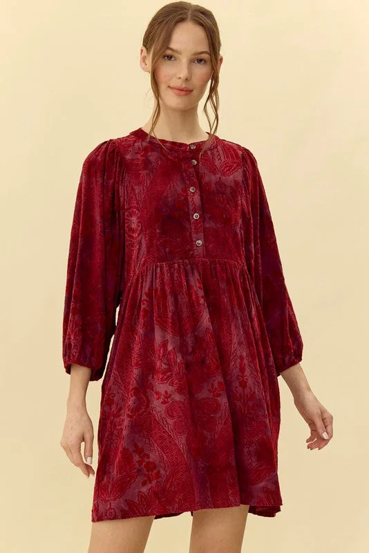 Trendy Women's Dresses Online Burgundy Velvet Jacquard Button Up Dress
