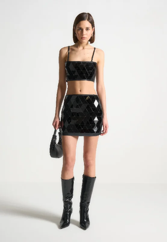 Women's Fashionable Attire For Work Leather Mirrored Mini Skirt - Black/Black