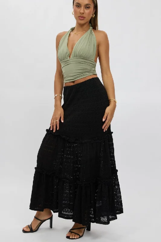 Women's Evening Outfit Black Lace Maxi Skirt Elastic Waist Tiered Lined