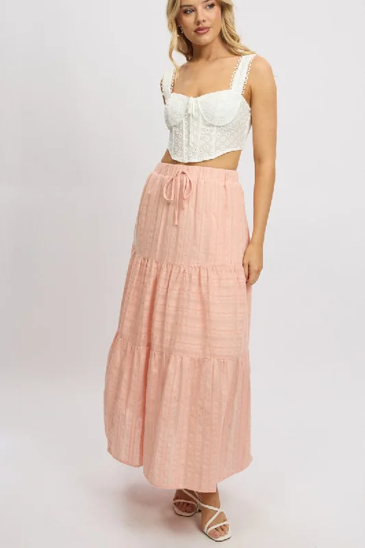 Women's Romantic Outfit Orange Tiered Maxi Skirt High Rise Elastic Waist Lined