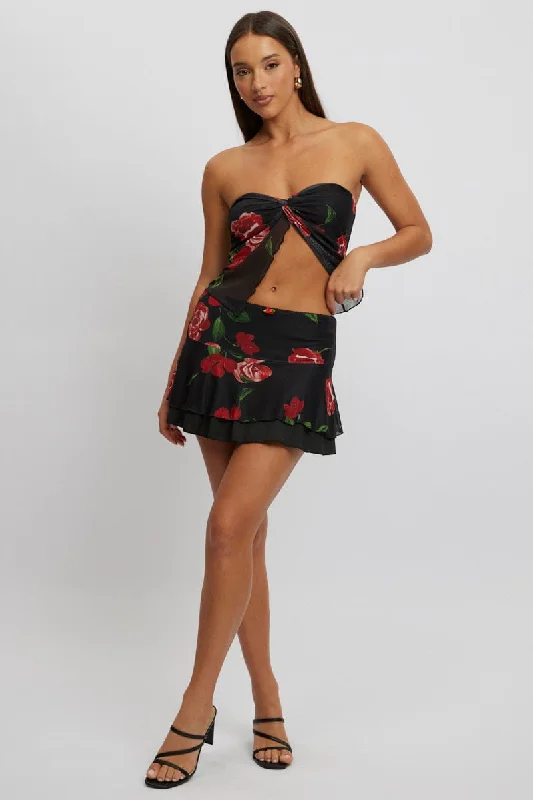 Women's Outerwear Apparel Black Floral Mini Skirt Elasticated Waist Skater Layered Mesh