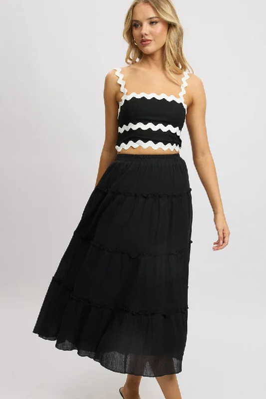 Easygoing Women's Style Black Midi Skirt Tiered High Rise Lined