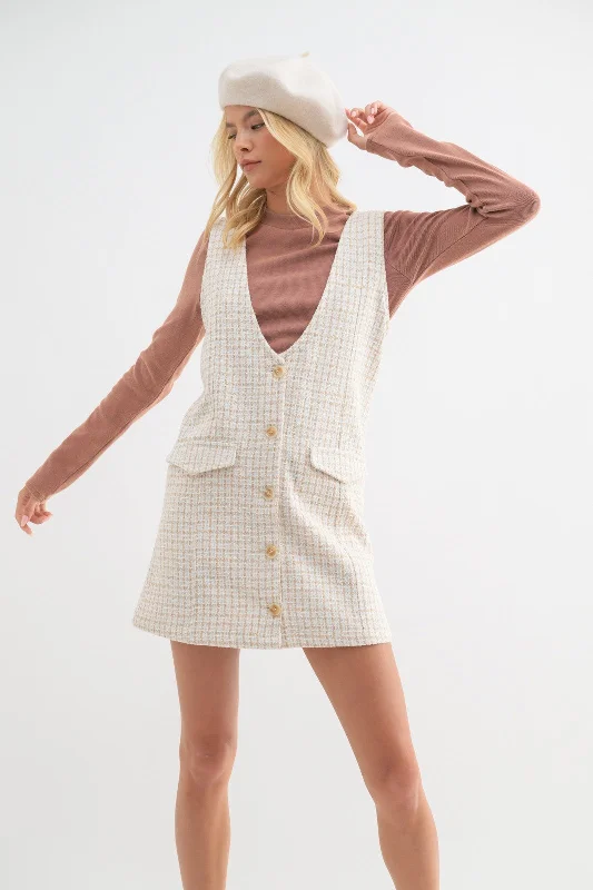 Women's Party Outfit Taupe Cream Tweed Button-Up Mini Dress