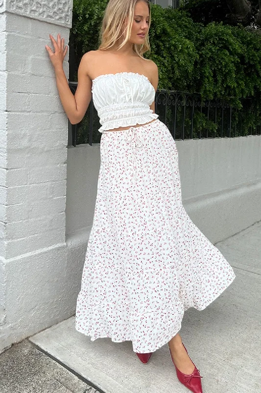 Women's Travel Outfit Set White Ditsy Maxi Skirt Tiered High Rise