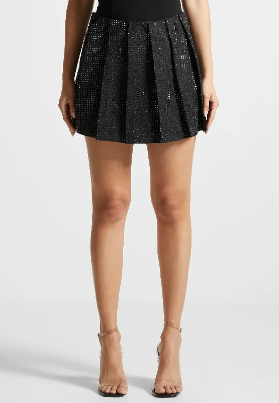 Women's Vacation Garments Rhinestone Pleated Mini Skort - Black