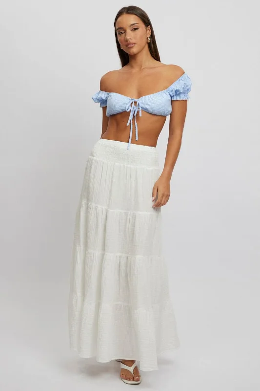 Women's Clothing White Maxi Skirt Shirred Waist Tiered Relaxed Fit
