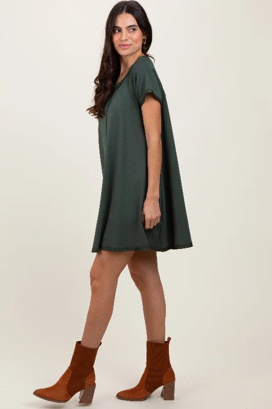 Women's Clothing For Outdoor Activities Forest Green French Terry Basic Short Sleeve Mini Dress