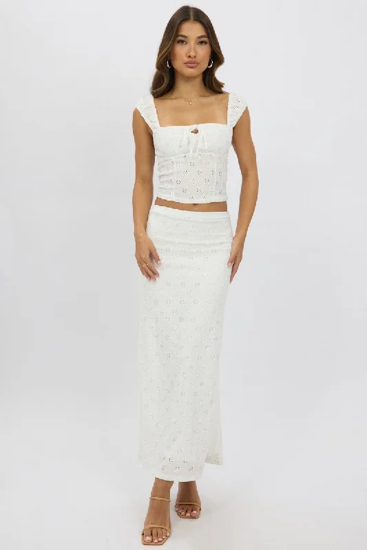 Women's Formal Event Clothing White Midaxi Skirt High Rise Stretch Eyelet