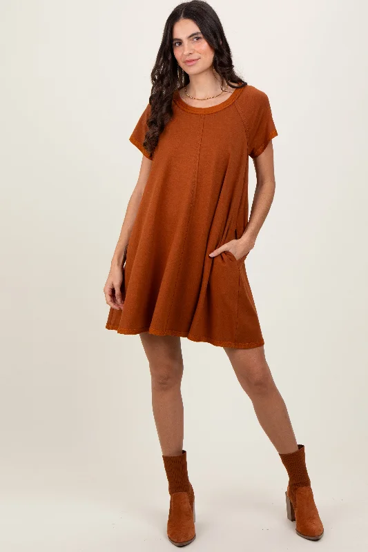 Women's Elegant Clothing Sets Rust French Terry Basic Short Sleeve Mini Dress