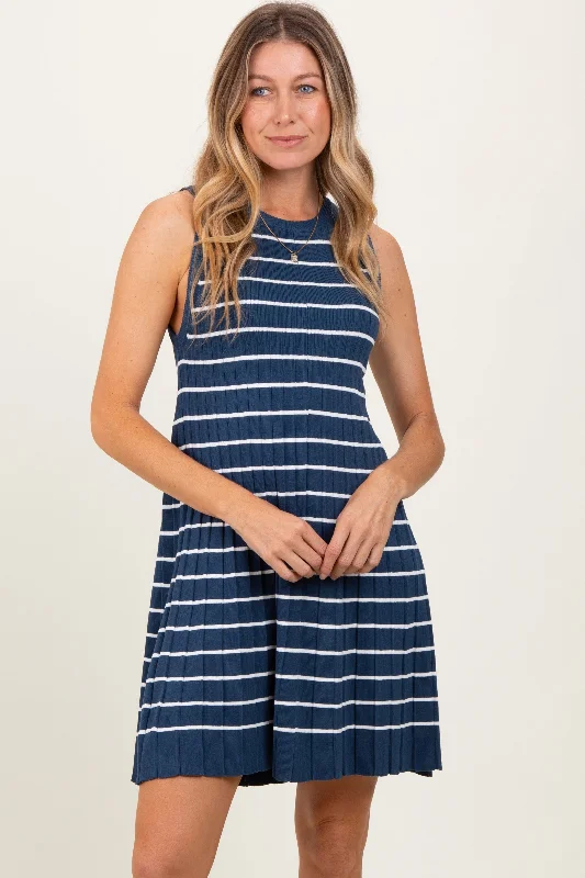 Women's Clothing Apparel Sets Navy Ribbed Pleated Knit Sleeveless Mini Dress