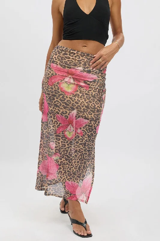 Exclusive Discount Multi Animal Print Midaxi Skirt High Rise Ruched Lined Mesh