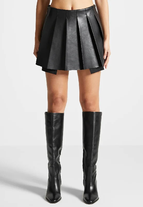 Women's Night-Out Outfit Leather Pleated Skort - Black