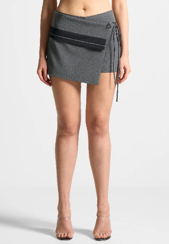 Women's Attire Pinstripe Tailored Mini Skort with Tie - Grey