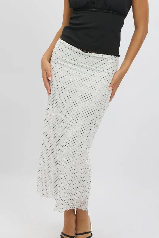 Women's Sporty Clothes White Polka Dot Mesh Skirt Elasticated Picot Trim Midaxi