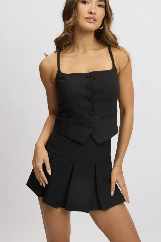 Holiday Special Offers Black Mini Skort Skirt High Rise Box Pleat Lined