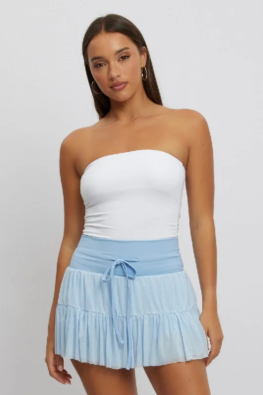 Women's Workout Garments Blue Flare Skort Skirt High Rise Mini Mesh Tiered