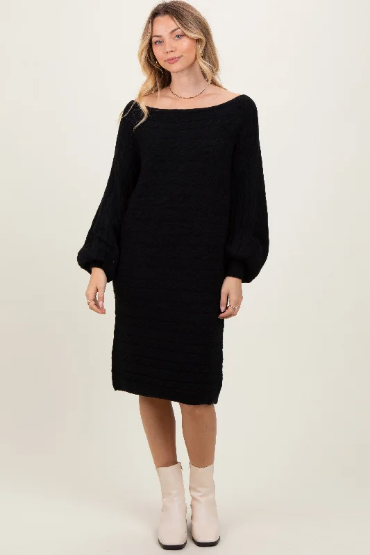 Clothes Of Woman Black Cable Knit Dolman Sleeve Sweater Mini Dress