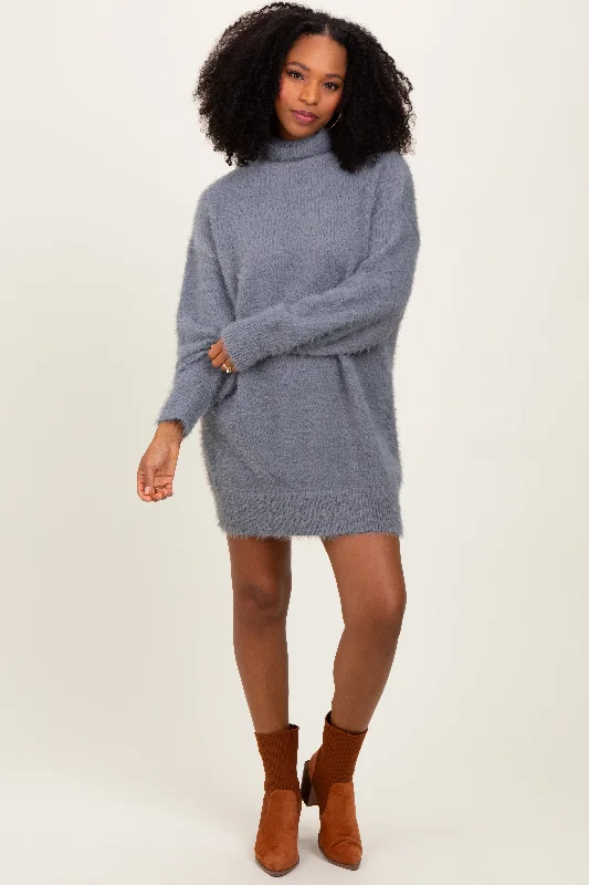 Modern Women's Fashion with Vintage Touches Cream Fuzzy Knit Turtleneck Sweater Mini Dress