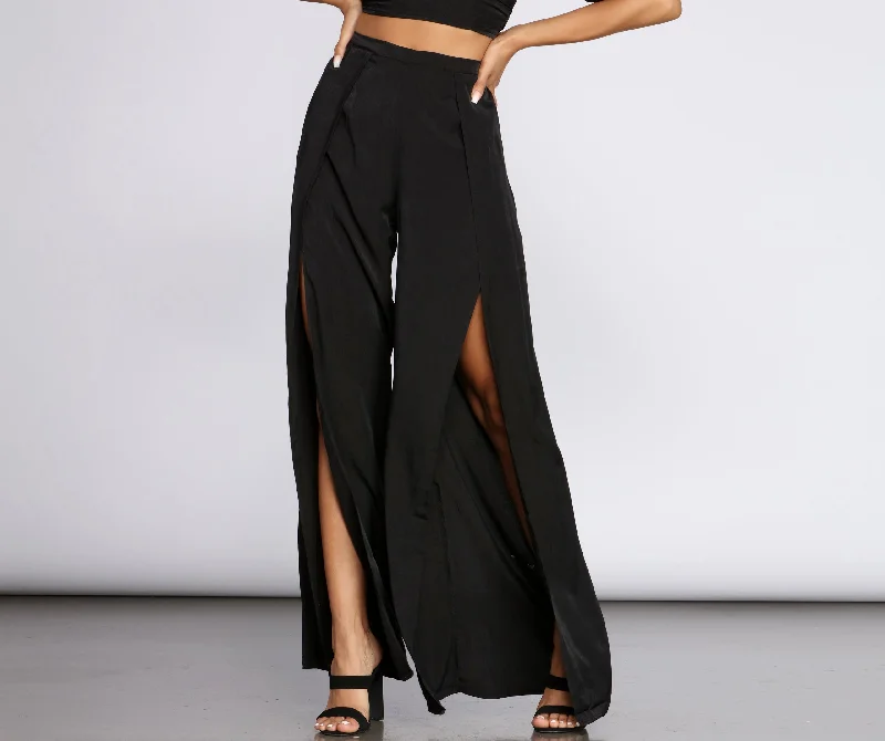 Women's Clothing For Outdoor Activities Flirty Front Slit Wide Leg Pants