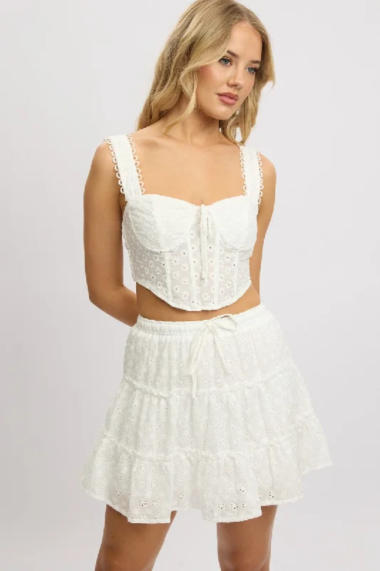 Women's Contemporary Apparel White Skater Skirt High Rise Tiered Mini Broidery Eyelet