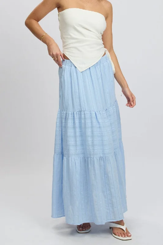 Women's Evening Wear Outfit Blue Tiered Maxi Skirt High Rise Elastic Waist Lined