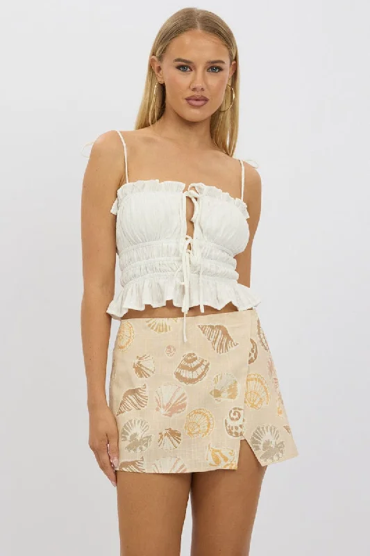 High-End Women's Apparel Beige Abstract Mini Skort Skirt High Rise Linen Blend Lined High-End Women's Apparel Beige Abstract Mini Skort Skirt High Rise Linen Blend Lined