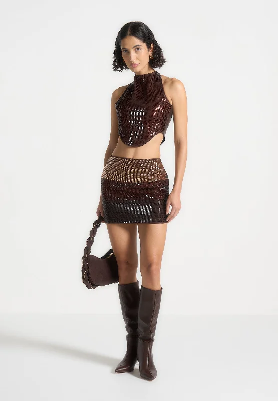 Chic Women's Outfit Rhinestone Ombre Mini Skirt - Brown/Gold
