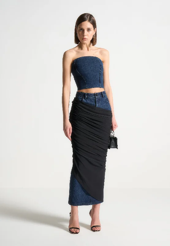 Affordable Women's Apparel Draped Mesh Denim Maxi Skirt - Indigo