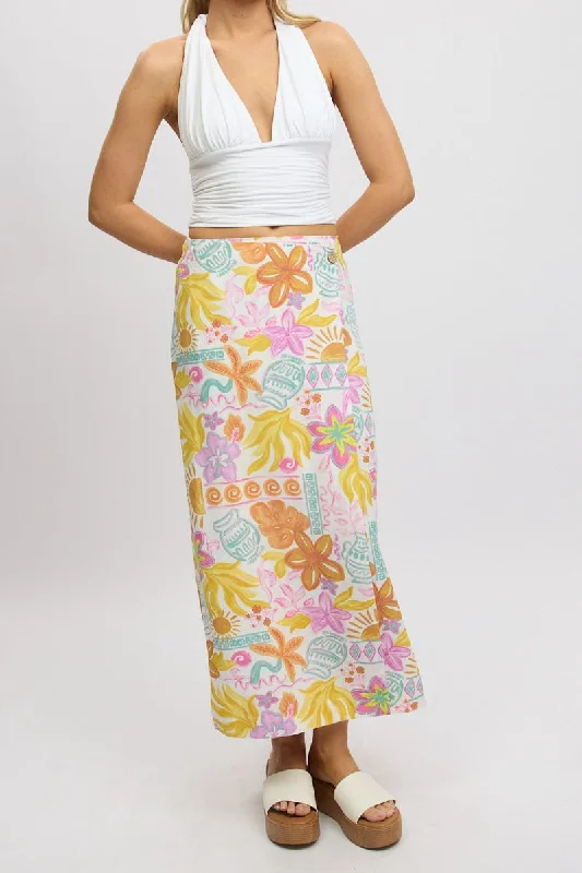 Women's Clothes For The Office White Abstract Wrap Skirt High Waisted Midaxi