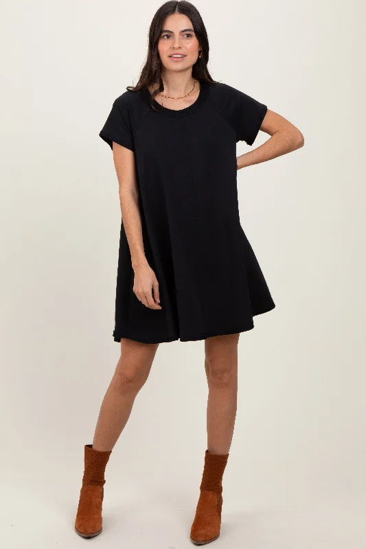 Luxury Women's Clothes Black French Terry Basic Short Sleeve Mini Dress