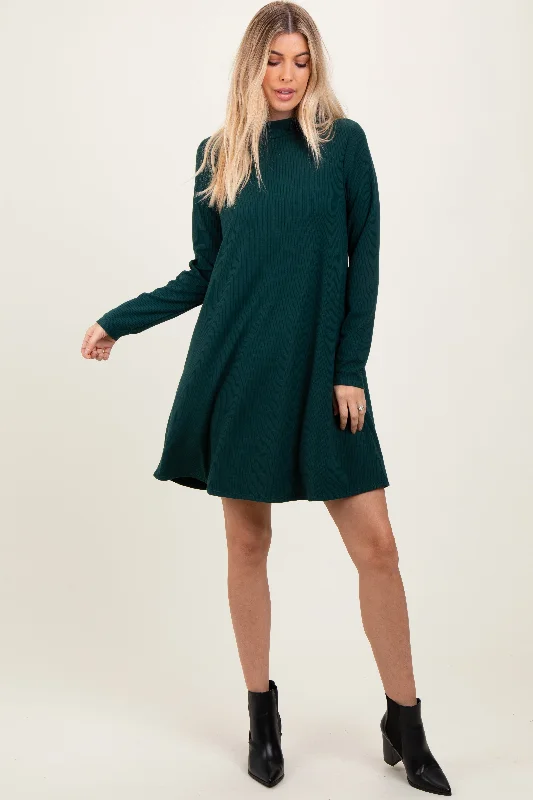 Women's Clothing Sale Online Forest Green Ribbed Mock Neck Long Sleeve Basic Dress