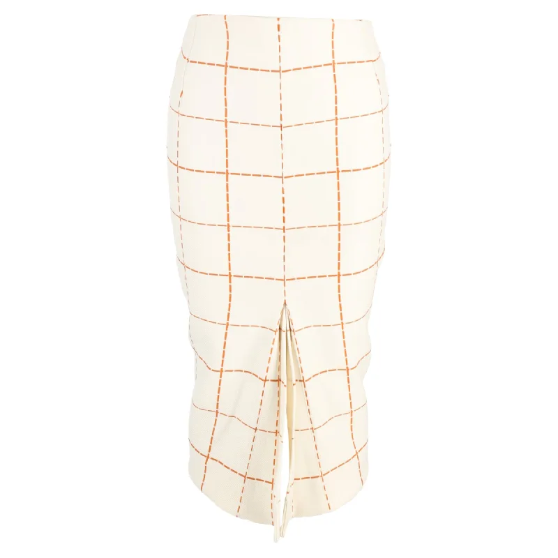 Women's Effortless Casual Outfit Victoria Beckham Pleated Check Print Midi Skirt in Cream Wool