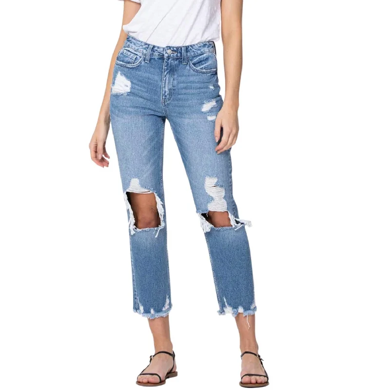 Casual Chic Clothing For Women Let Go High Rise Tattered Straight Leg Jean In Medium Wash