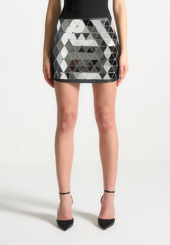 Women's Elegant Evening Attire Leather Mirrored Mini Skirt - Silver/Black