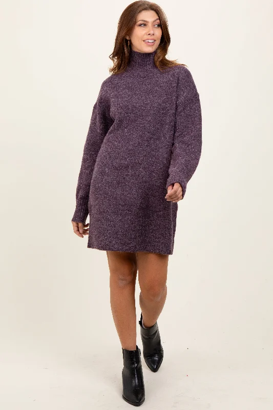 Women's Clothing for All Occasions Purple Chunky Knit Turtleneck Mini Sweater Dress