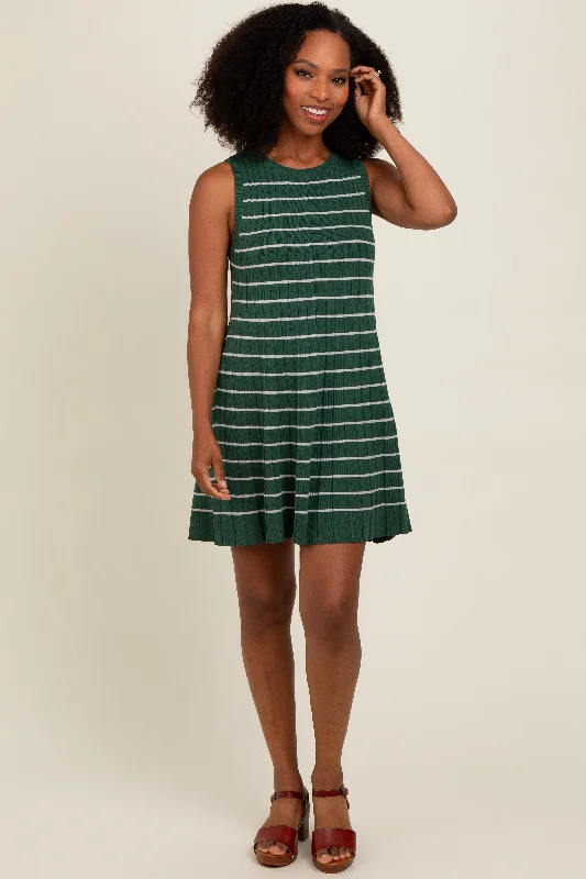 Women's Layered Outfit Forest Green Striped Knit Pleated A-Line Mini Dress