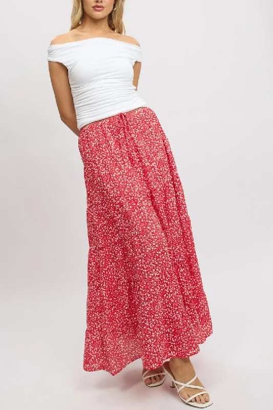 Women's Vintage-Inspired Outfit Red Ditsy Maxi Skirt Tiered High Rise