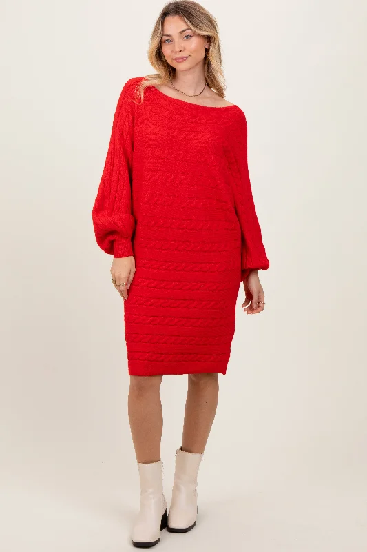 Clothing Store Red Cable Knit Dolman Sleeve Sweater Mini Dress
