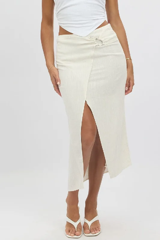 Women's Contemporary Clothing Beige Midaxi Skirt Buckle Detail Linen Blend