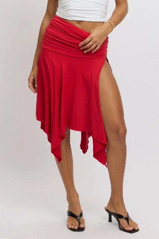Chic Women's Clothing Online Red Scarf Hem Skirt High Rise Midi Asymm Supersoft