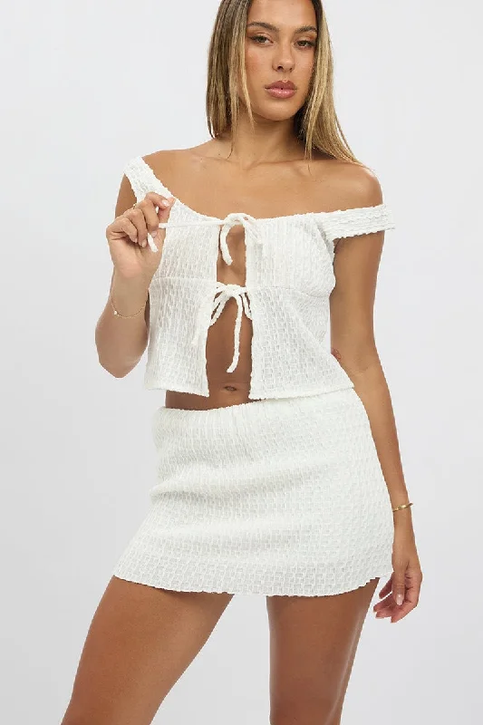 Flash Sale Or Flash Sales White Mini Skirt Elasticated Waist Textured Lined